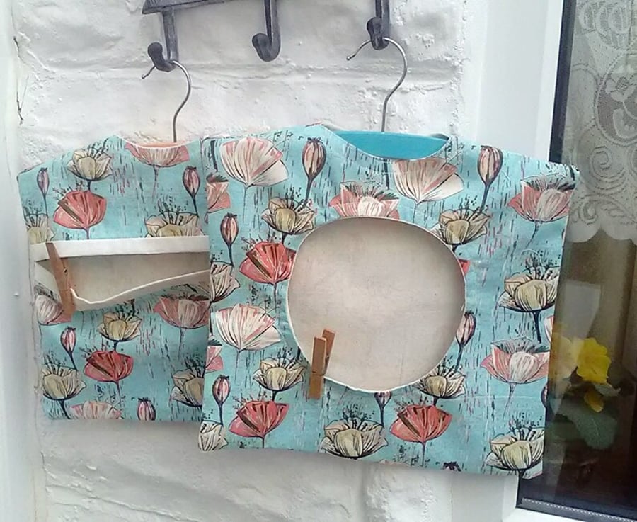 Lined Peg Bag - Green Flowers Cotton Fabric - Wood Hanger