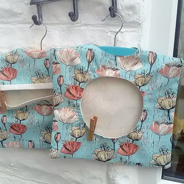 Lined Peg Bag - Green Flowers Cotton Fabric - Wood Hanger