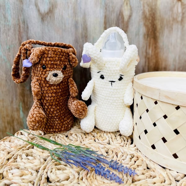 Handmade Crochet Plush Baby Bottle Holder – Bear or Bunny