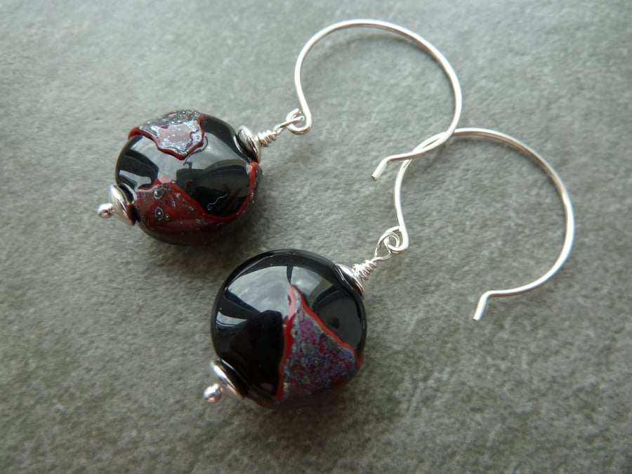 sterling silver earrings, black and red glass