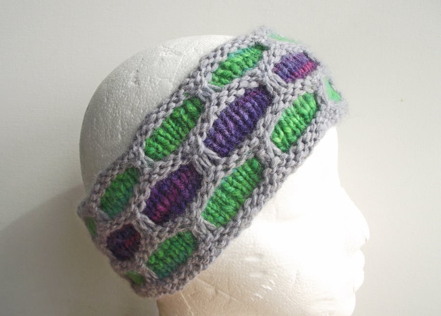 Knitted Headband, Earwarmer or Hairband, Handspun Grey, Purple, Green, Merino