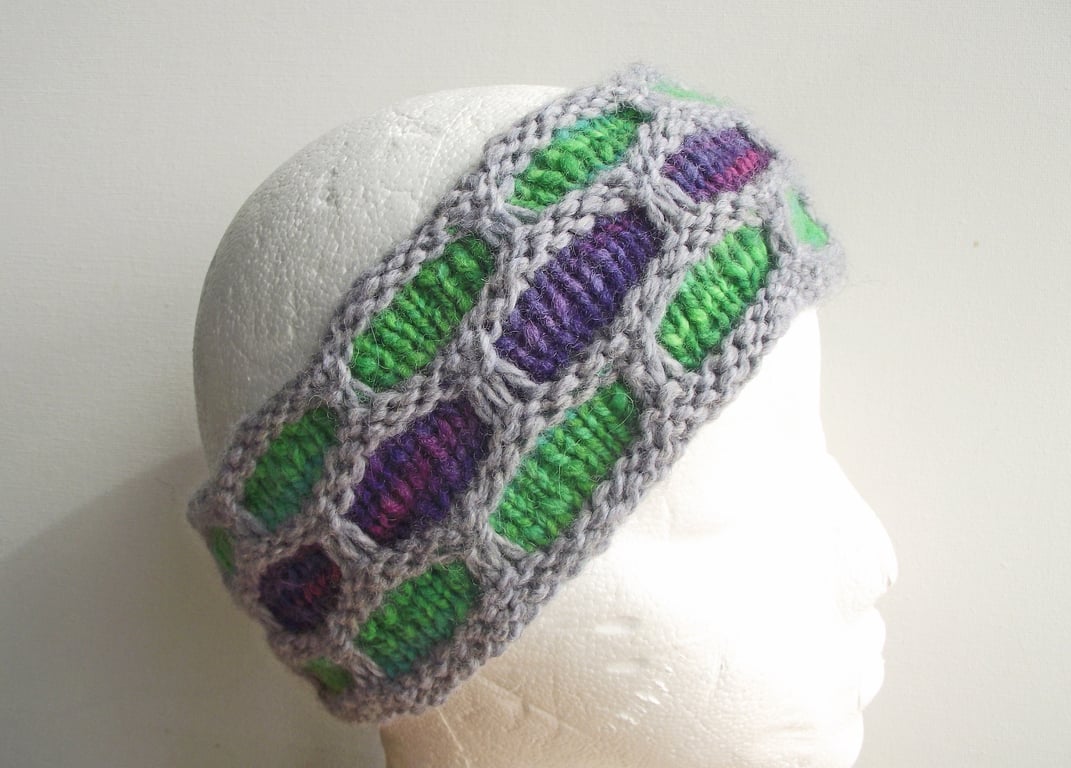 Knitted Headband, Earwarmer or Hairband, Handspun Grey, Purple, Green, Merino