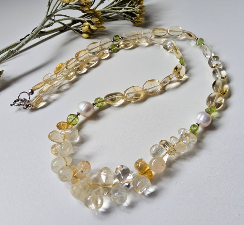 Citrine, Peridot & Freshwater Pearl Sterling Silver Necklace