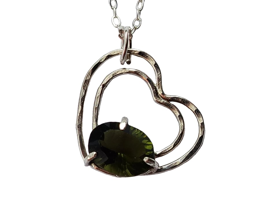 Recycled Sterling Silver Heart & Moldavite Tektite Necklace Jewellery Gift