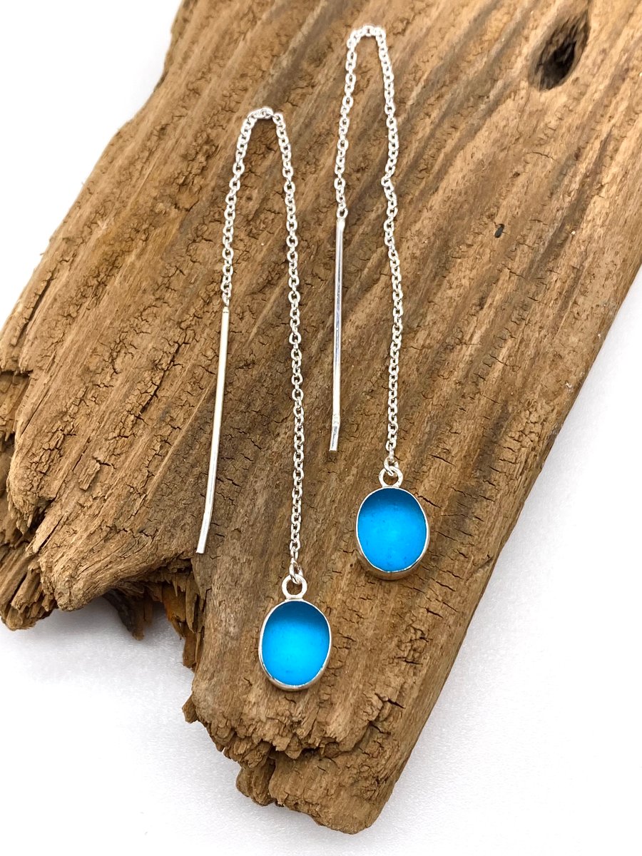 Turquoise Sea Glass Threader Earrings