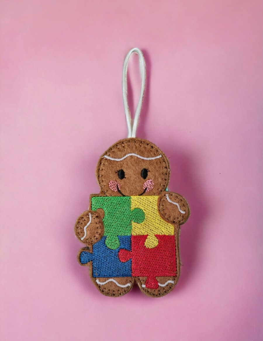 Autism jigsaw Gingerbread lady Embroidered Hanging Keepsake