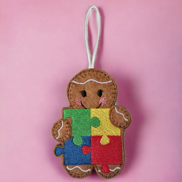 Autism jigsaw Gingerbread lady Embroidered Hanging Keepsake