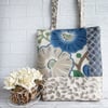 Blue and Beige Panelled Tote Bag with Floral and Leafy Patterns