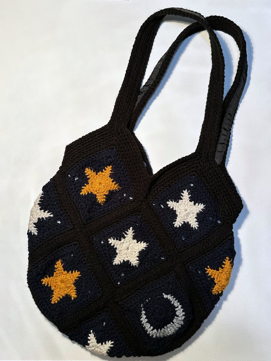 Star & Moon crochet granny square tote - fabric lined, handmade
