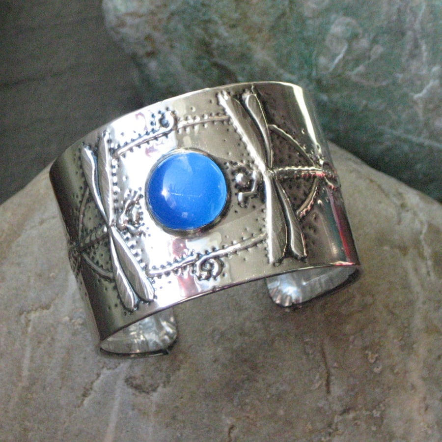 Silver Pewter Blue Agate Dragonfly Cuff Bracelet