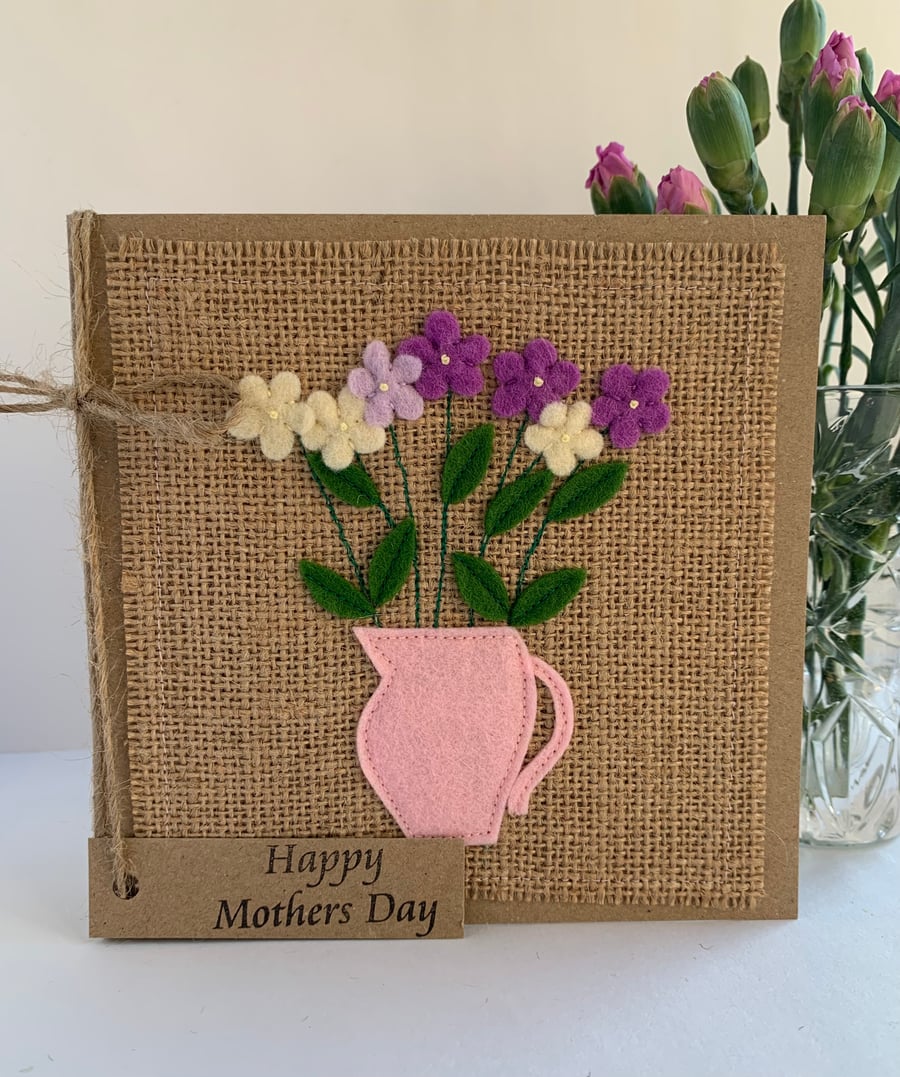 Handmade Mother’s Day Card. Purple and cream flowers from wool felt. Keepsake.