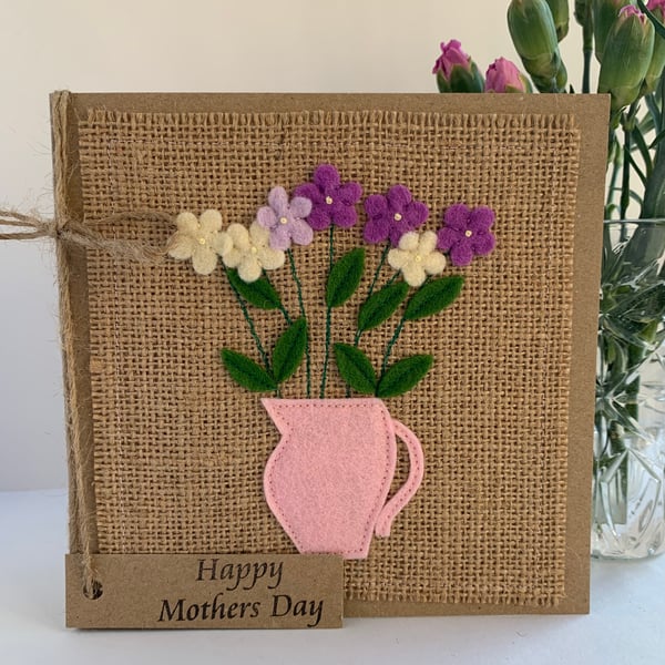 Handmade Mother’s Day Card. Purple and cream flowers from wool felt. Keepsake.