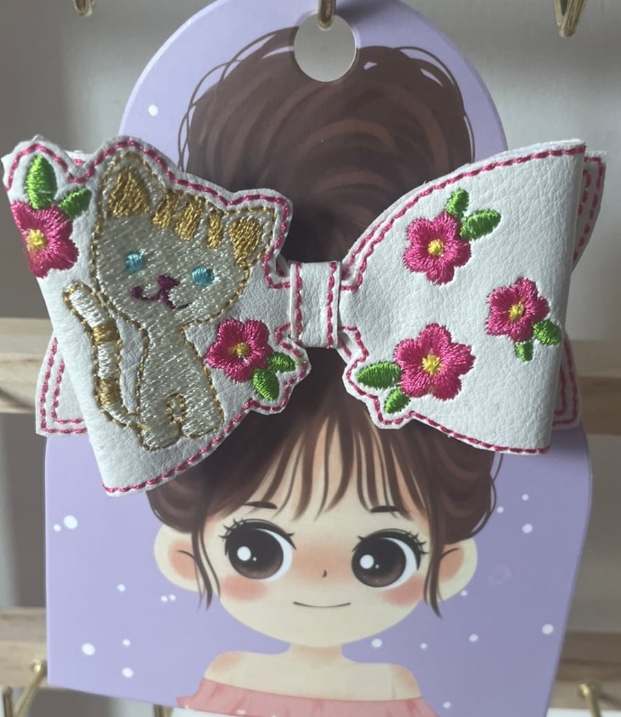 Handmade Embroidered Cat  Hair Bow – Faux Leather Hair Clip