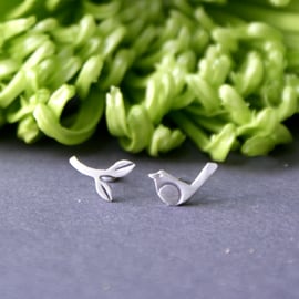 Tiny mis-matched bird and branch stud earrings