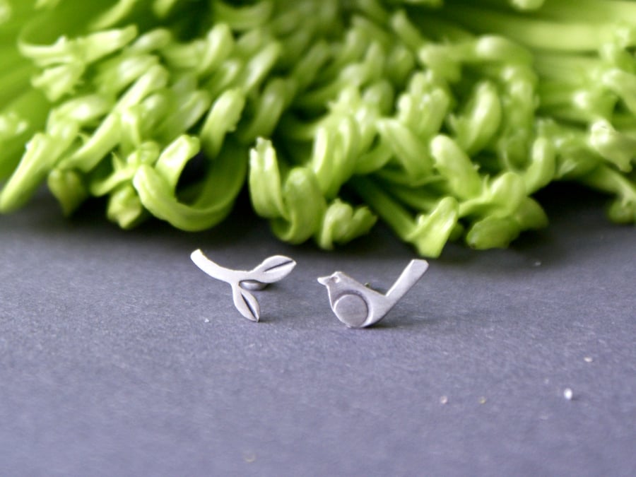 Tiny mis-matched bird and branch stud earrings