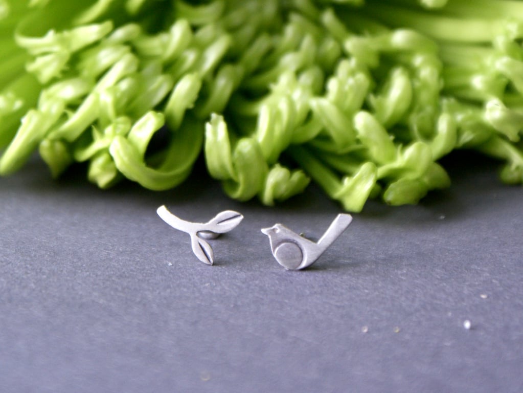 Tiny mis-matched bird and branch stud earrings
