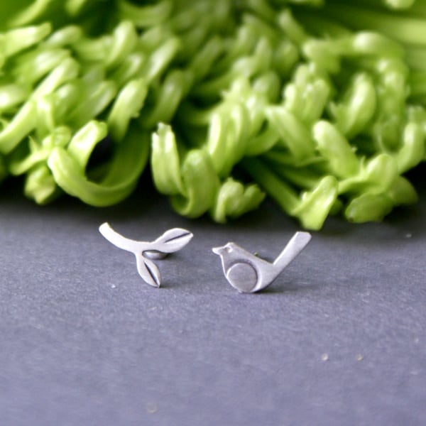 Tiny mis-matched bird and branch stud earrings