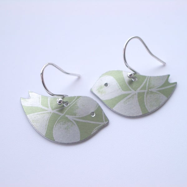 Bird earrings in green with leaf print