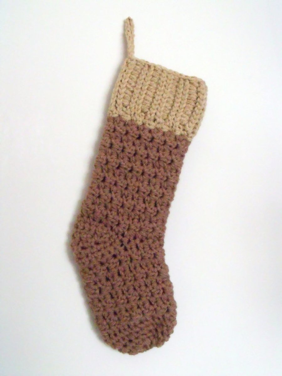 crocheted christmas stocking in coffee and beige 