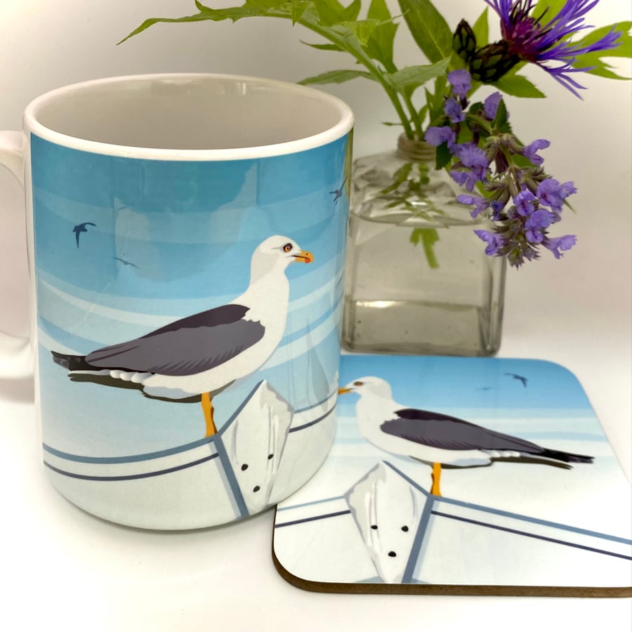 Seagull on Beach Hut Ceramic Mug - matching Coaster option