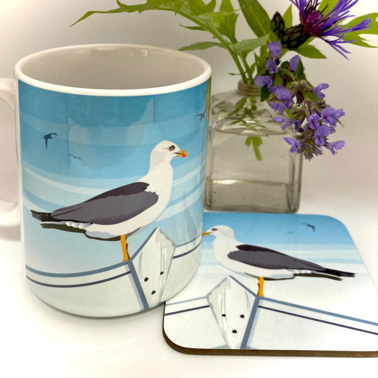 Seagull on Beach Hut Ceramic Mug - matching Coaster option