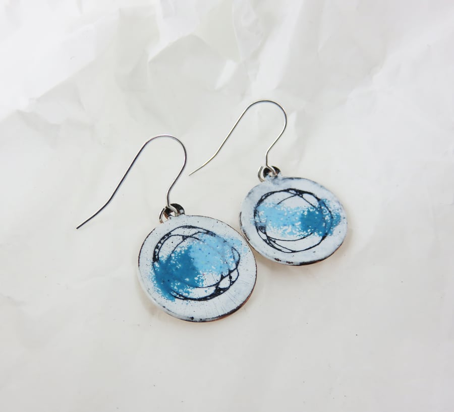 Enamel Copper Dangle Earrings with Hand Drawn Detail