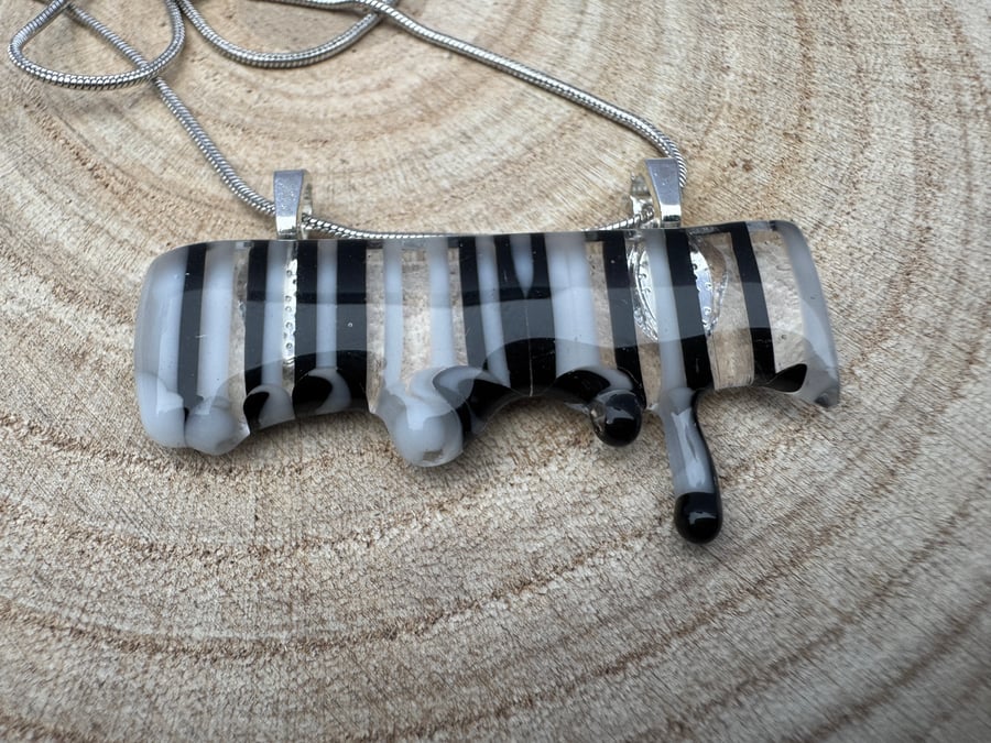 A Beautiful Handmade Black and White Striped Fused Glass Pendant 