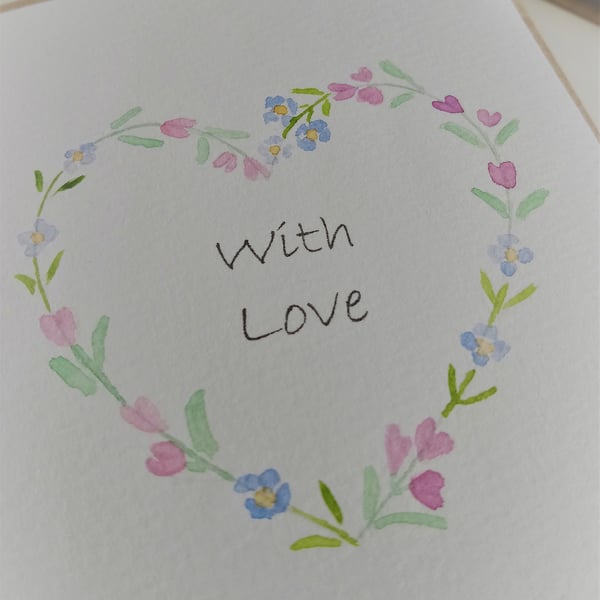 Original Hand Painted "With Love" Card with Pink & Blue Flower Wreath