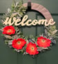 Red Poppy Welcome Wreath, Rustic Hessian Door Decoration, 38cm Floral Wreath