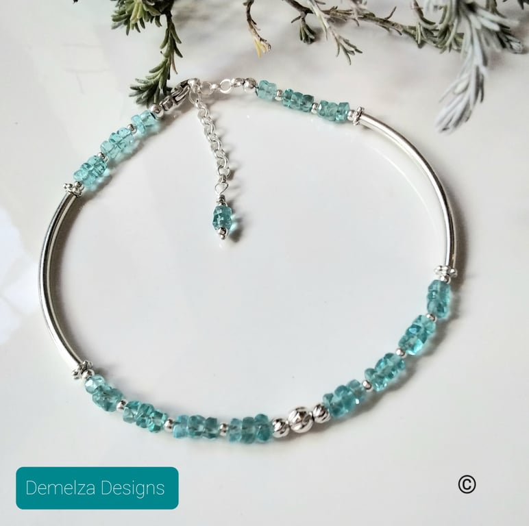 Designer AA Grade Paraiba Blue Apatite Sterling Silver Bracelet 