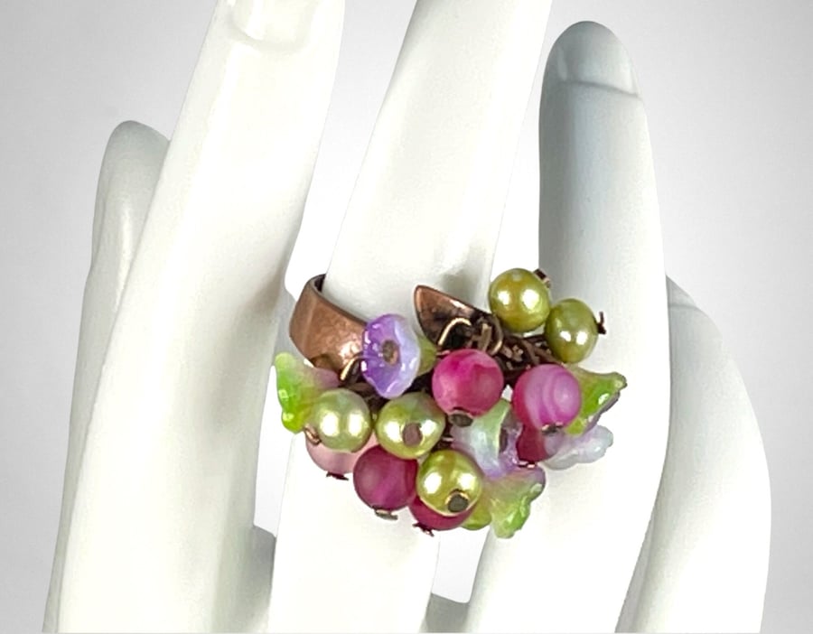 Real pearl ring adjustable fits all sizes Czech glass flowers copper tourmaline