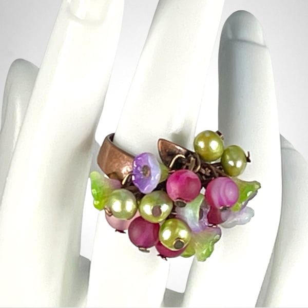 Real pearl ring adjustable fits all sizes Czech glass flowers copper tourmaline