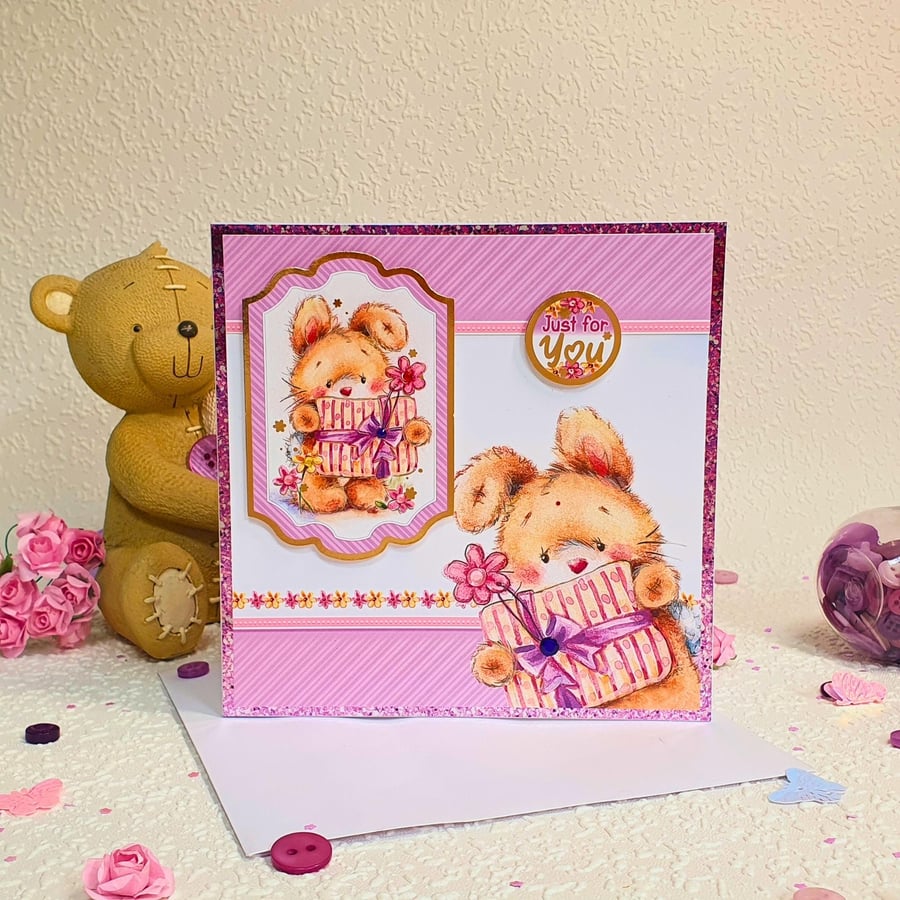 Just For You Card With A Bunny Delivering A Gift, Birthdays or Other Occasions 