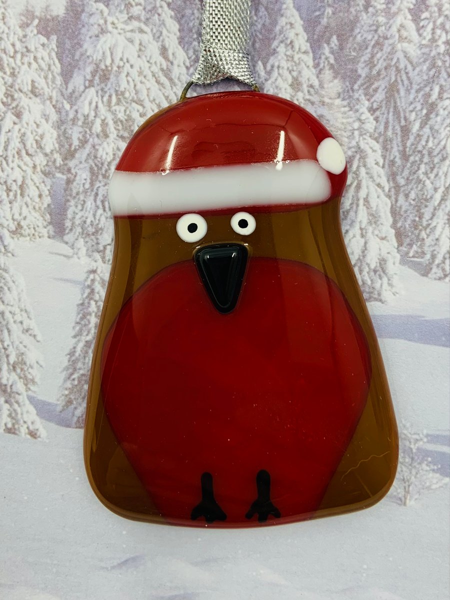 Handmade Fused Glass Robin Hanging Christmas Decoration 