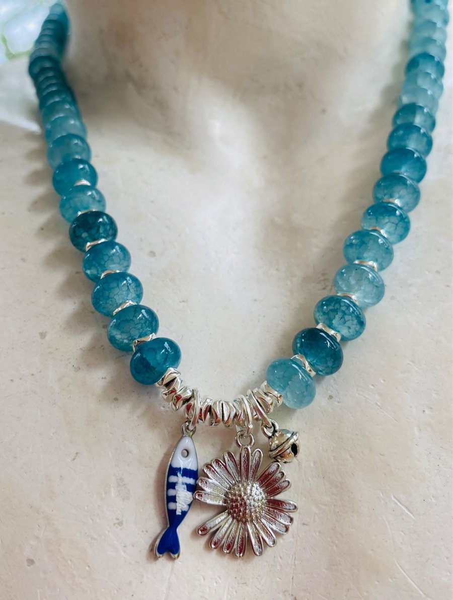 Teal cracked glass rondelle beaded necklace 