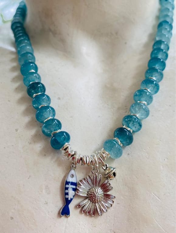 Teal cracked glass rondelle beaded necklace 