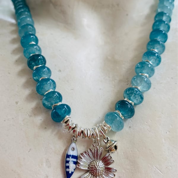 Teal cracked glass rondelle beaded necklace 