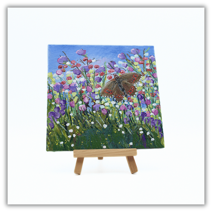 A small acrylic painting - butterfly - wildflowers - original artwork - easel