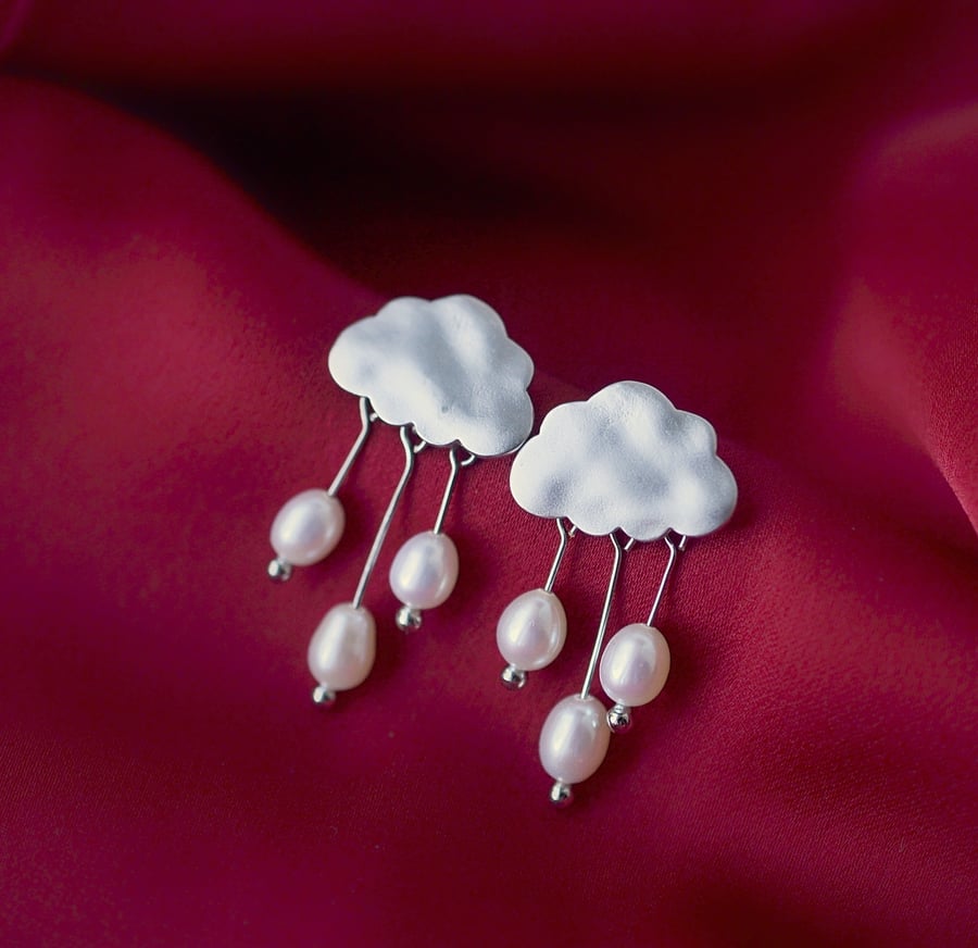 Clouds 18k white gold plated dangle pearls earrings, rain dainty earrings