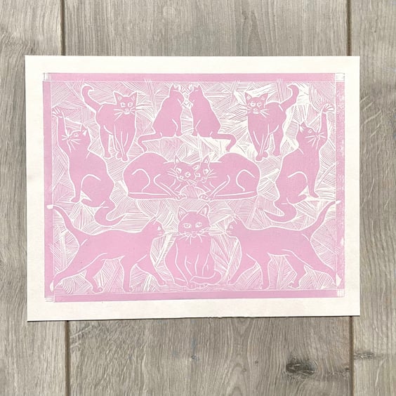 Lino Print Cats - Pink - Cat Wall Art - Cat Lover Gift - Original One Off Art