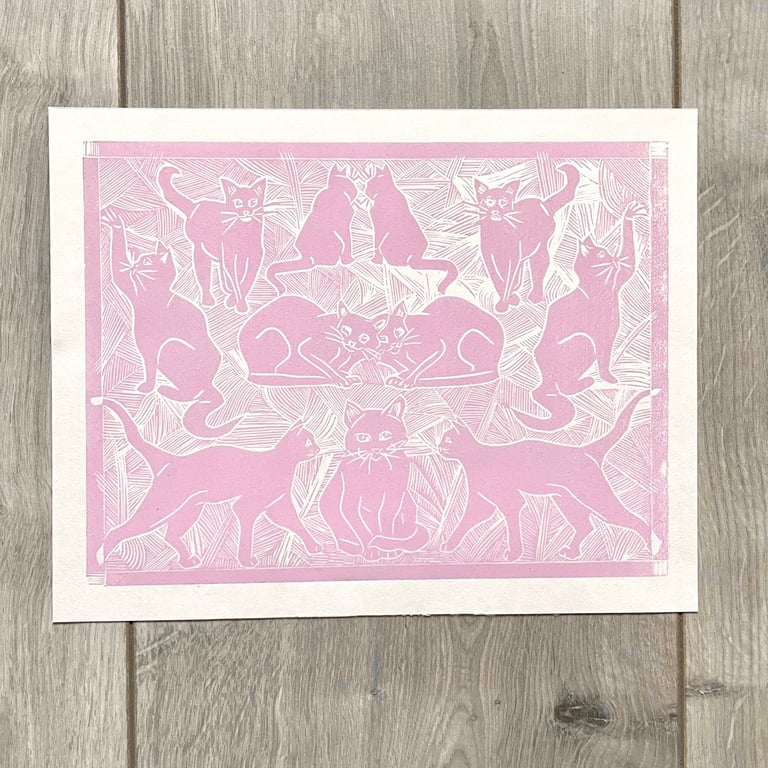 Pink Cats Art Deco Lino Print