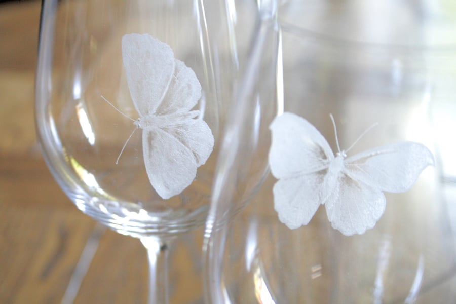 Pair of Crystal Butterfly Wine Glasses - Large Glasses