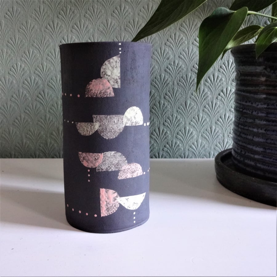 Ceramic art vase, mid-century modern design motifs, matt outside, glazed inside.