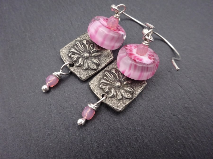 pink flower lampwork glass earrings
