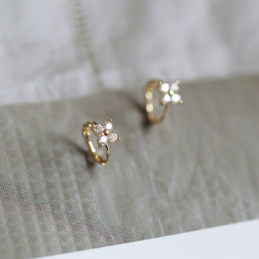 Solid Gold Stunning Dainty Hoop Earrings, 9K Solid Gold CZ Diamond Small Huggie 