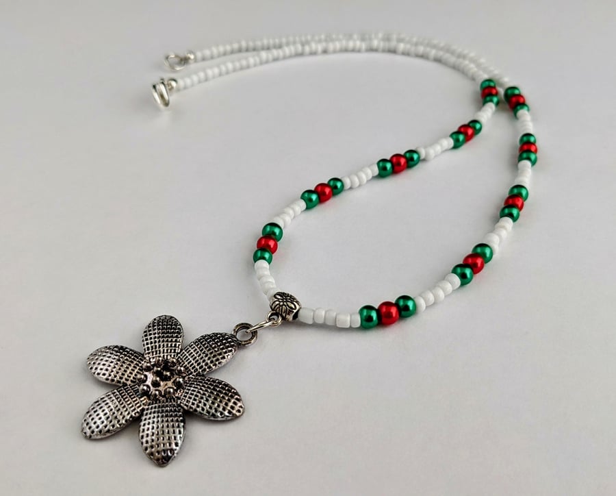 White, green and red bead necklace with flower pendant - 1002675F