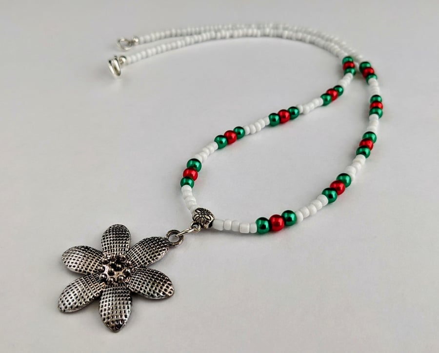 White green and red bead necklace with flower Folksy