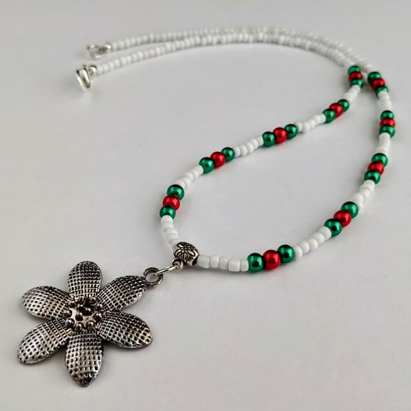 White, green and red bead necklace with flower pendant - 1002675F
