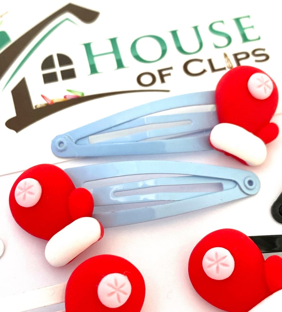 Xmas Mitten Hair Clips x2 - Christmas Gloves Hair Clips - Xmas Hair Grips - Xmas