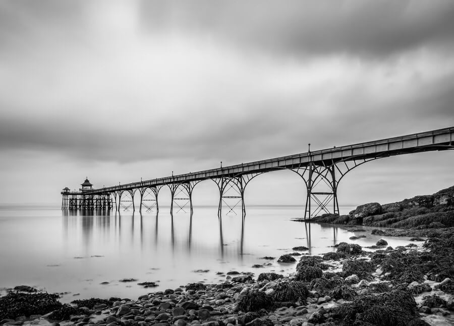Clevedon Pier, Somerset - minimalist print of black & white photograph